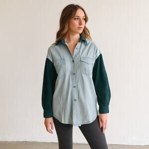 Vintage 90s Denim  Chambray and Green Corduroy Button Down Shirt Small